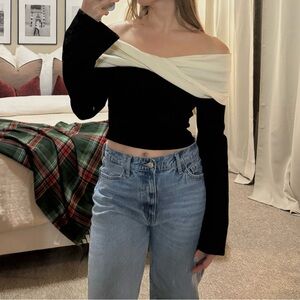 Meshki Black and Cream Off-Shoulder Top